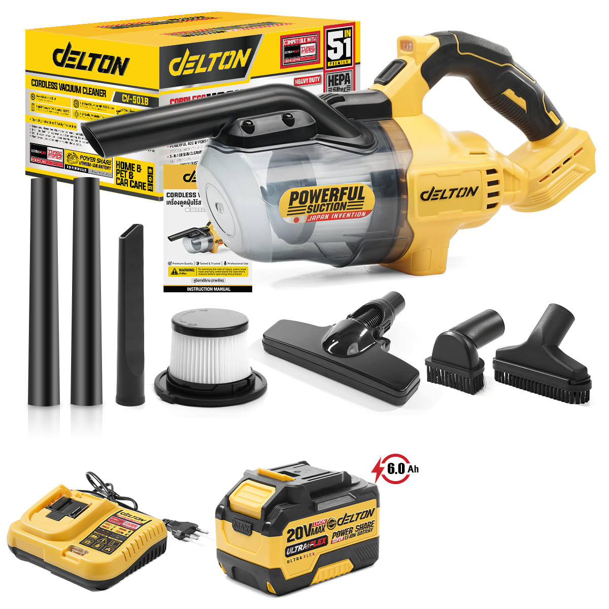 เครื่องดูดฝุ่นแบบมือจับไร้สาย (พร้อมแบตเตอรี่) DELTON รุ่น CV-501B ULTRAFLEX 20V 6AH_1